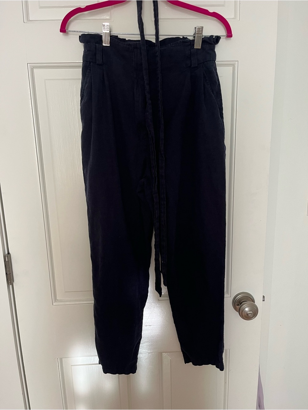 ASOS high waisted paper bag pants (navy linen)